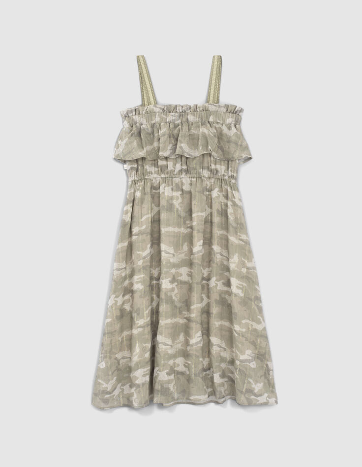 Vestido caqui camuflaje y rayas doradas niña-3