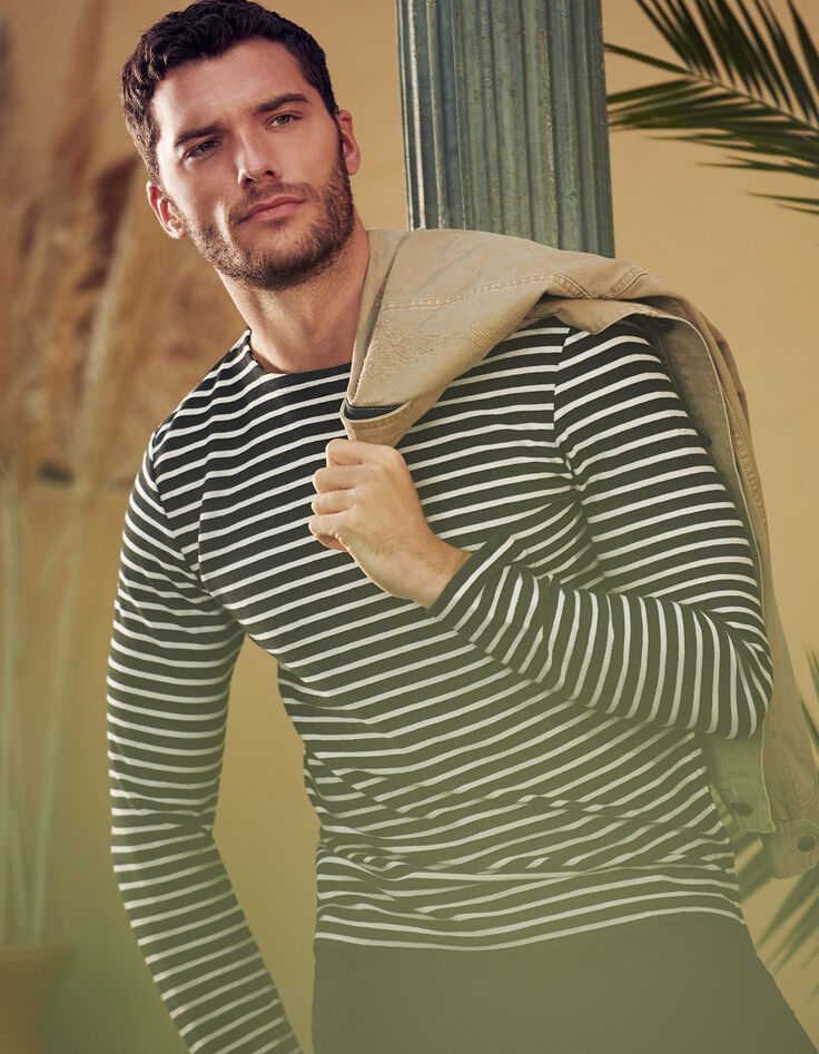 Tee-shirt marinière noir rayé blanc cassé Homme-1