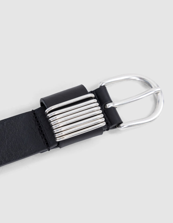 Black leather belt with metal rings Women-2
