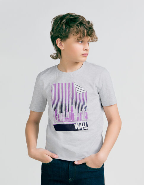 Boys' grey organic cotton T-shirt, striped Miami image - IKKS