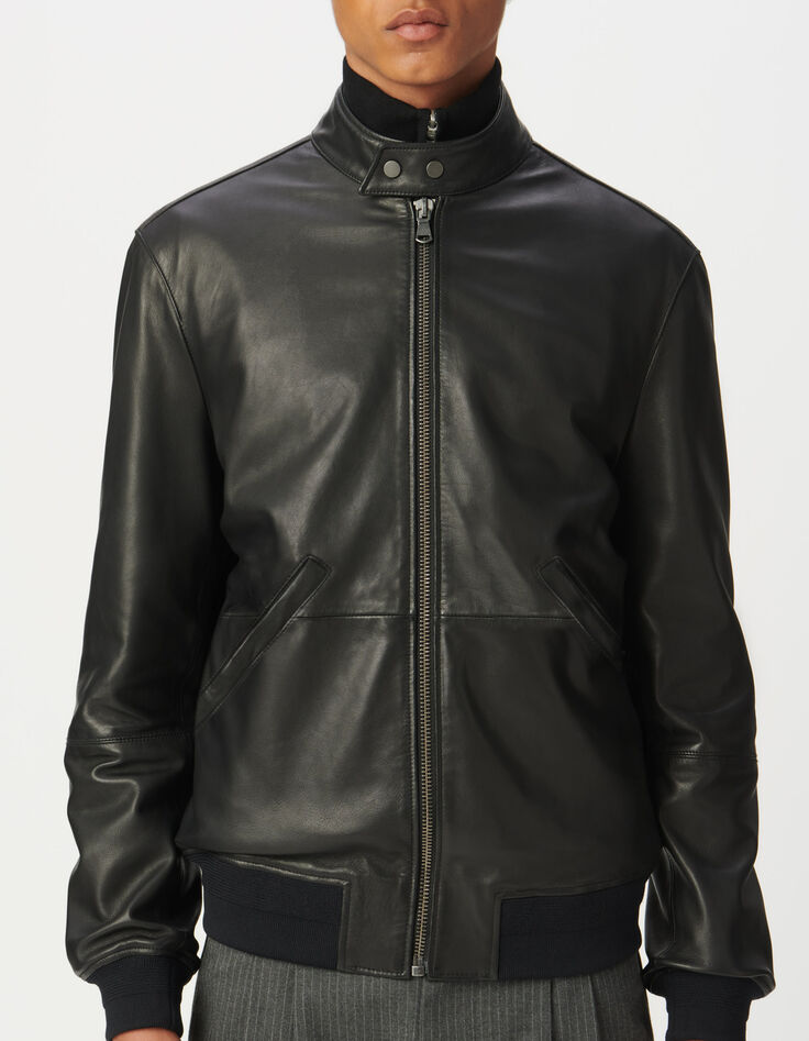 Blouson noir en cuir avec bords-côtes Homme-5 Blouson noir en cuir avec bords-côtes Homme-5