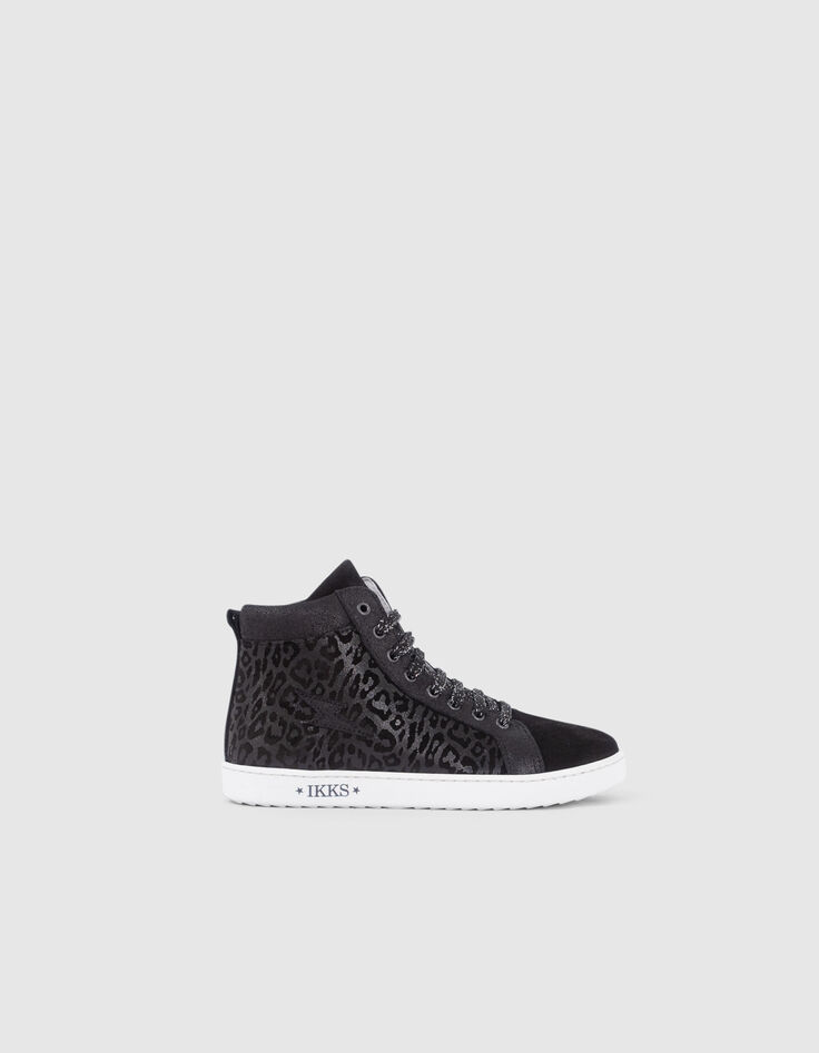 Baskets noires cuir velours motif léopard fille-1
