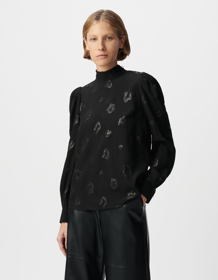 Blouse manche longue noire motif léopard brodé sequins Femme-2