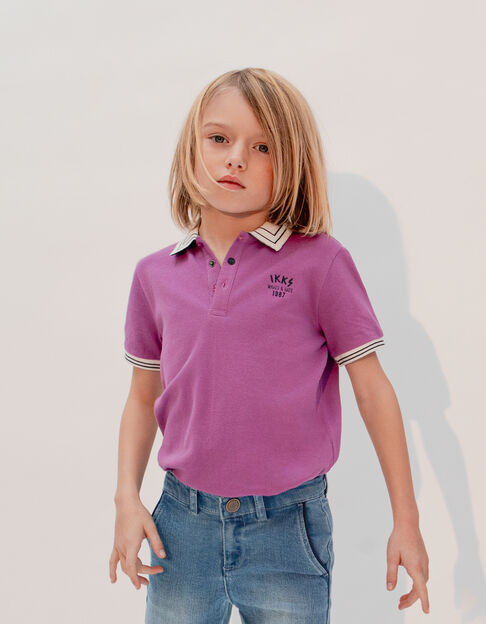 Boys’ purple pique knit polo shirt with striped ribbing - IKKS