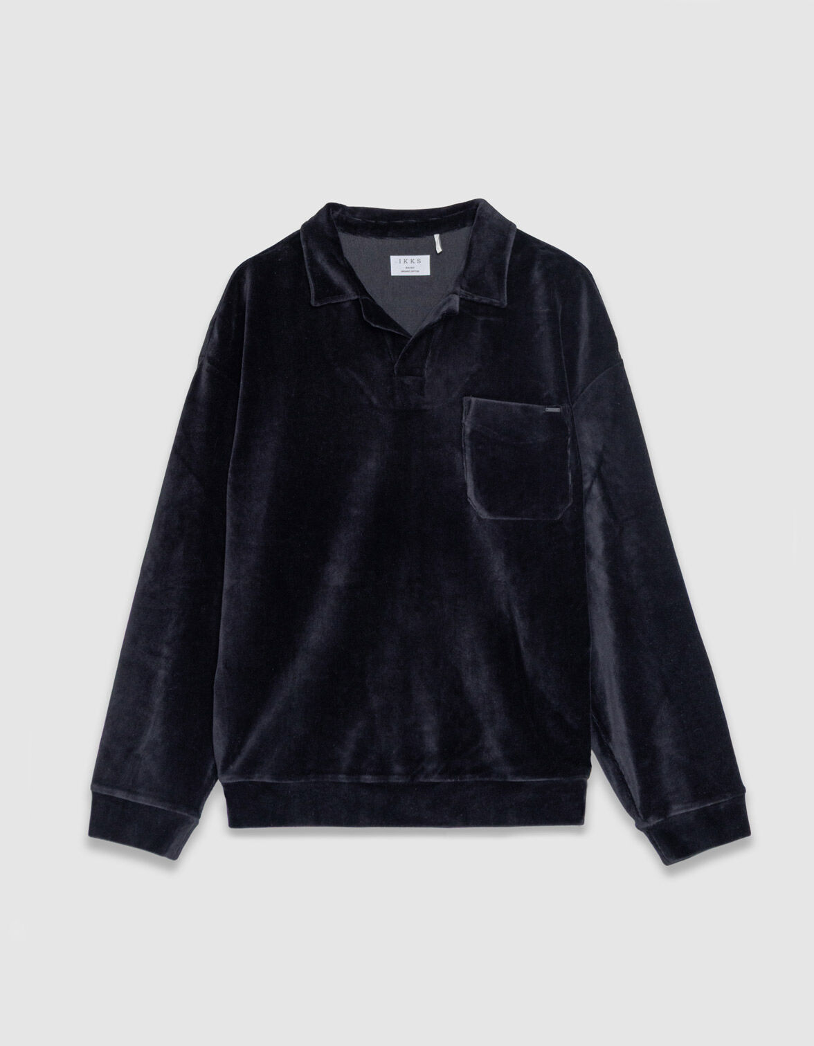 Men's black velvet knit long-sleeved polo shirt