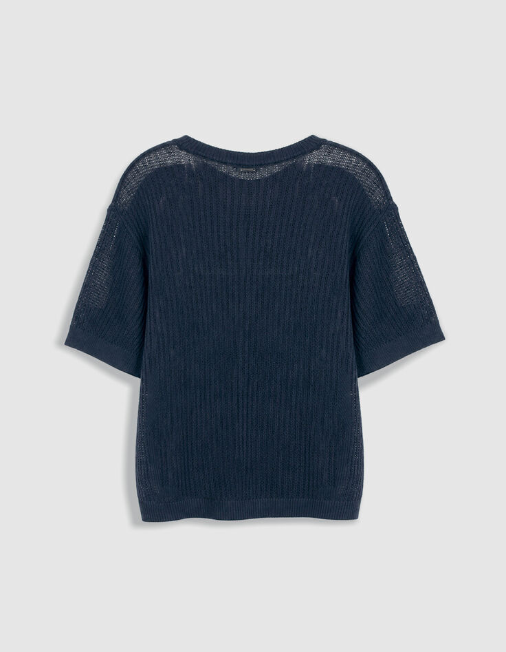 Pull manches courtes marine tricot ajour&eacute; Homme-7