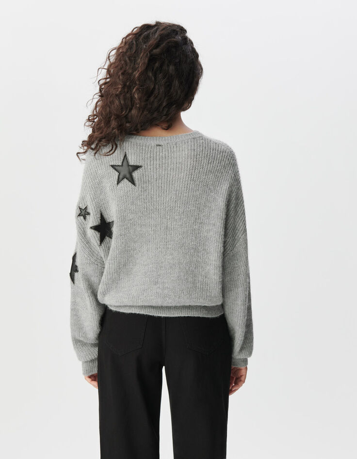 Grijze gebreide trui rock-inzetten sterren en kralen Dames-3 Grijze gebreide trui rock-inzetten sterren en kralen Dames-3