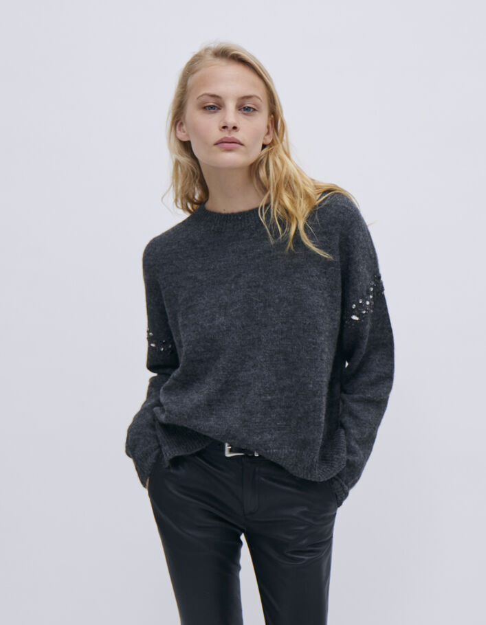 Women’s grey Pure Edition sweater, embroidered shoulders - IKKS