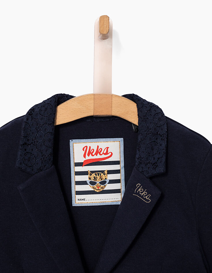 Marineblaue Mädchen-Strickjacke mit Spitzenkragen-4