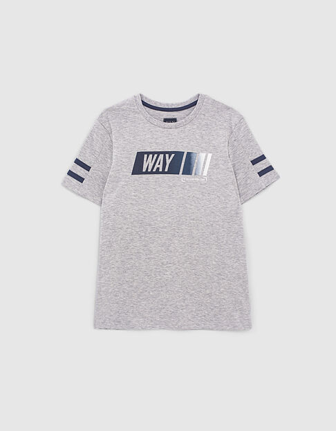 Boys’ grey organic T-shirt with navy striped sleeves