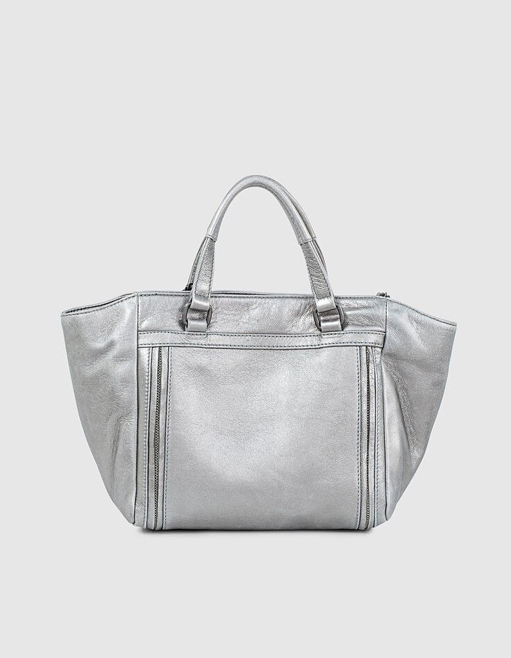 Sac cabas cuir argent LE 1440 MEDIUM SILVER matelassage chevrons femme-3