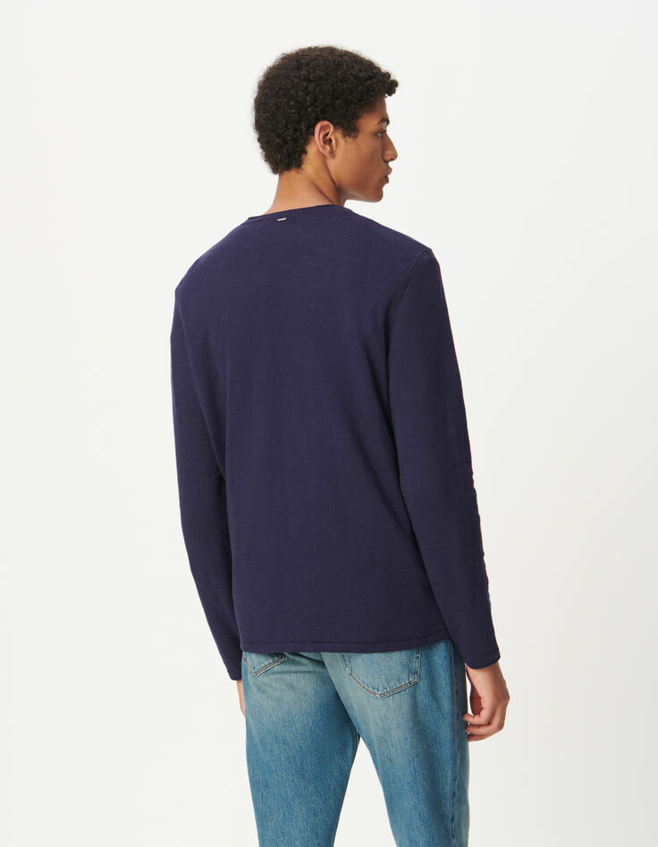 Blauer Herrenpulli Biobaumwolle Feinstrick geflammt-3