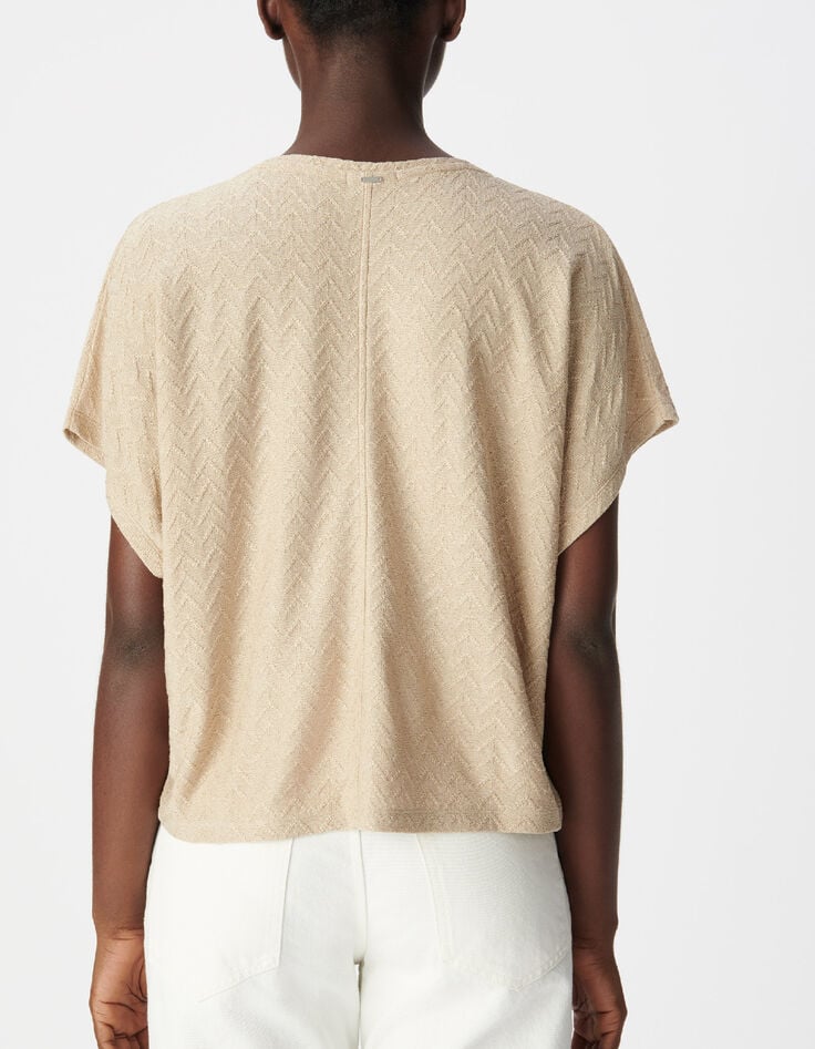 Vrouwen-T-shirt met V-hals en soepelvallende pasvorm in goudkleurig visgraatpatroon-3