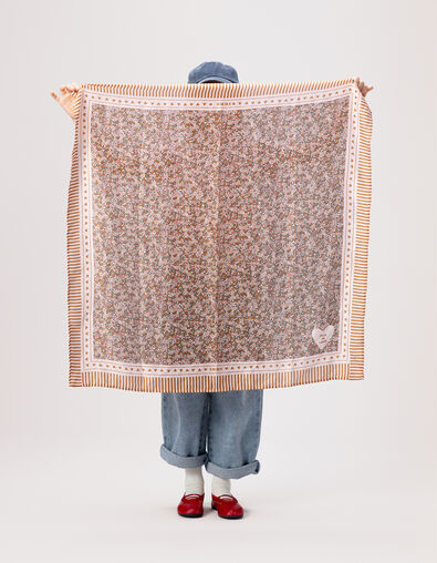 Girls’ pink square scarf, autumn flower print - IKKS