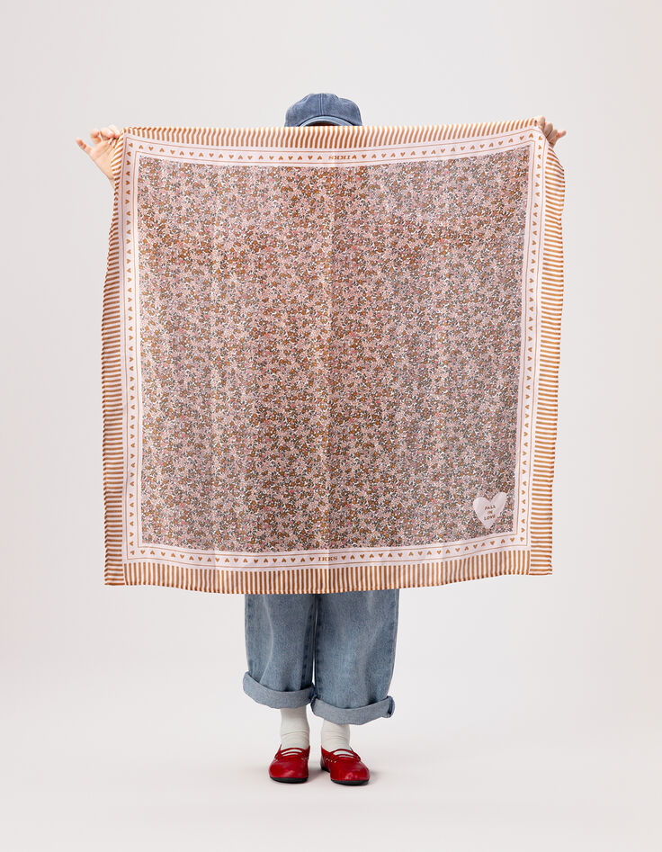 Girls’ pink square scarf, autumn flower print-1 Girls’ pink square scarf, autumn flower print-1