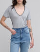 Tee-shirt gris d&eacute;cor cha&icirc;ne &agrave; l'encolure Femme-2