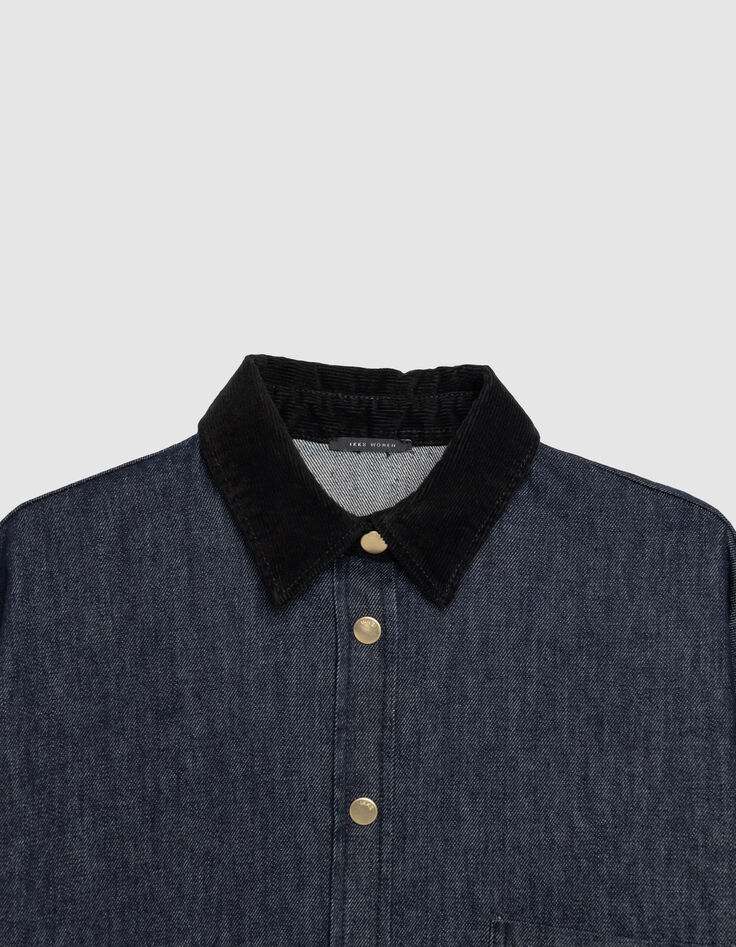 Blaues Damen-Jeanshemdkleid Samtkragen und -manschetten-2