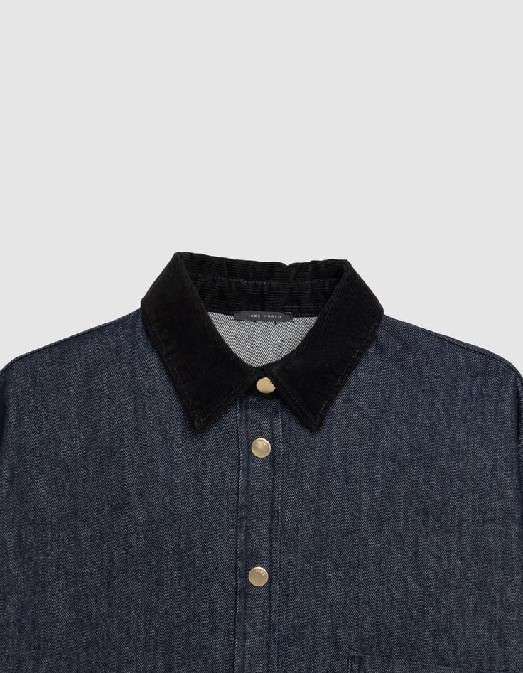 Blaues Damen-Jeanshemdkleid Samtkragen und -manschetten-2 Blaues Damen-Jeanshemdkleid Samtkragen und -manschetten-2
