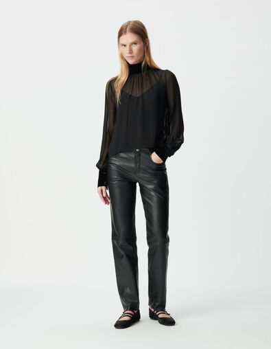 Schwarze Damenvoilebluse mit Knittersamt - IKKS