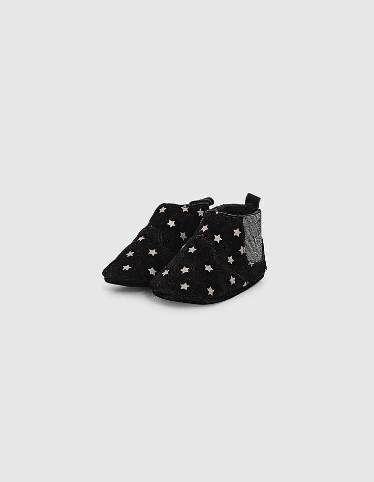 Boots noirs cuir velours à étoiles argent bébé fille -1