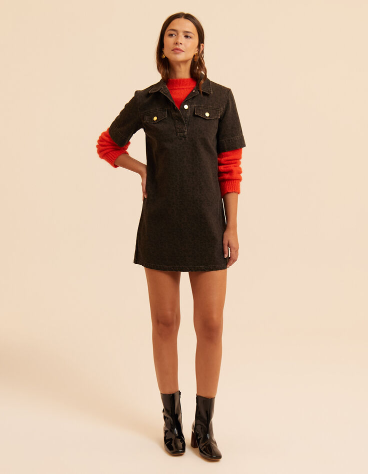 Robe en jean marron imprim&eacute; l&eacute;opard I.Code-8