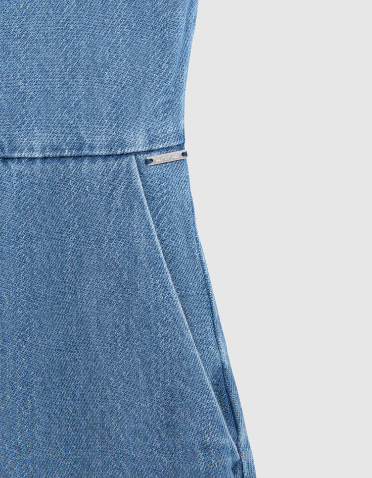 Blauer Mädchenkurzoverall aus Jeansstoff im Retro-Stil-4