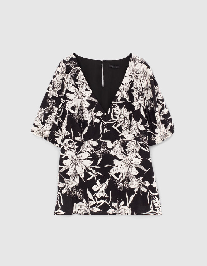 Women’s black and white floral print crepe fitted top - IKKS
