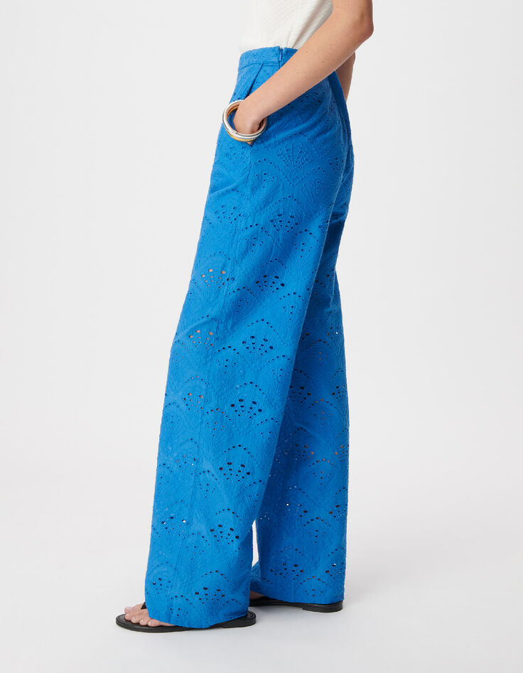 Damenhose mit weitem Bein, blau, mit Lochstickerei-4