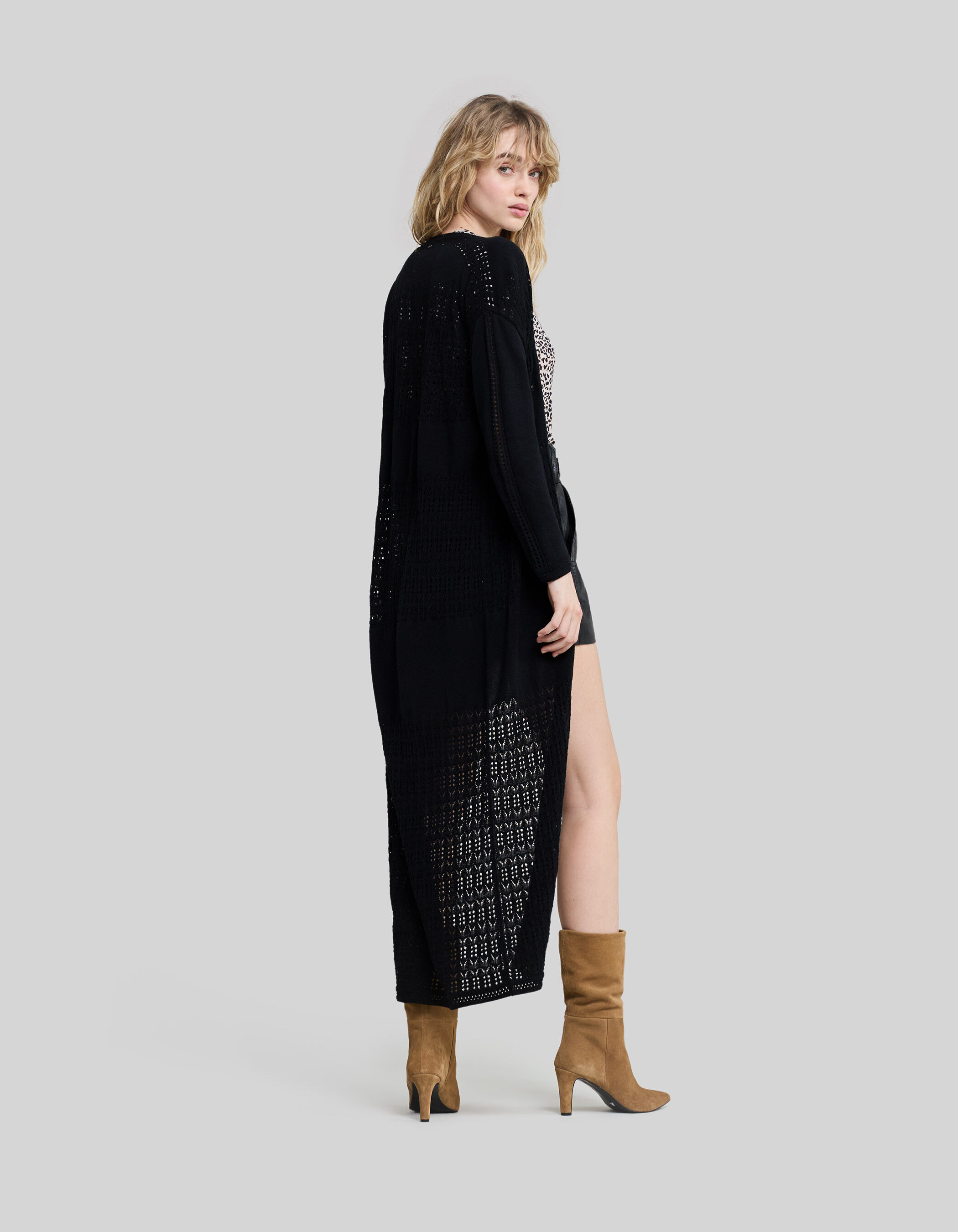 Cardigan long noir tricot filet ajoure Femme IKKS