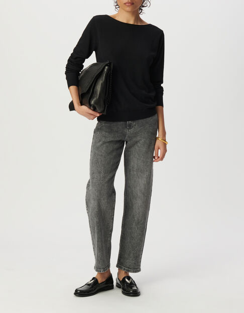 Pull noir maille tricot encolure V apport dentelle femme - IKKS