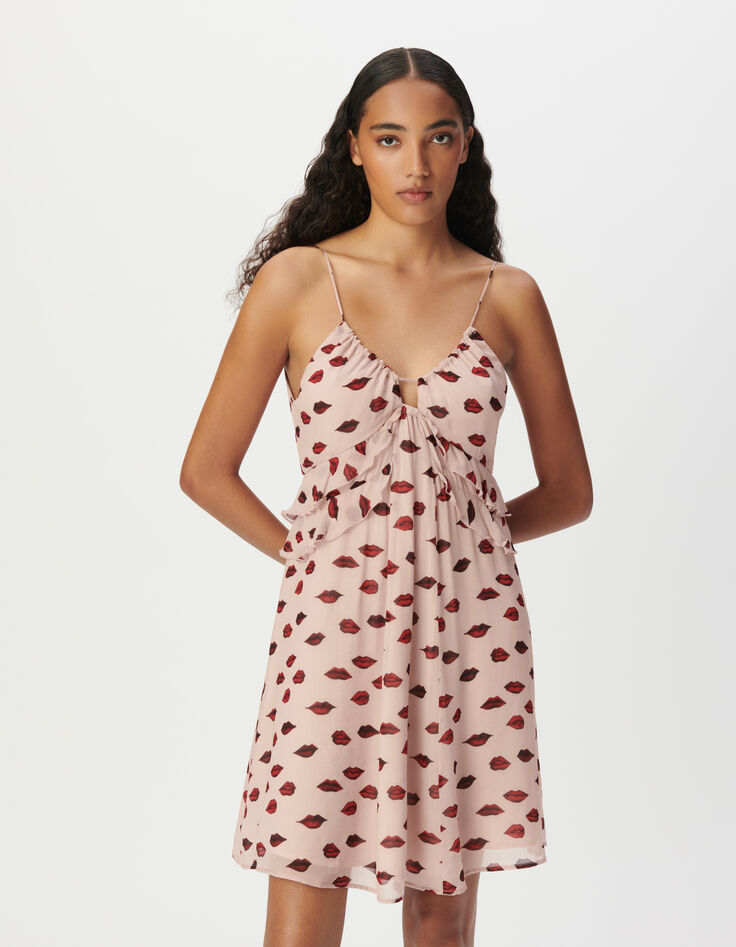 Robe fines bretelles voile rose imprimé bouches Femme-3