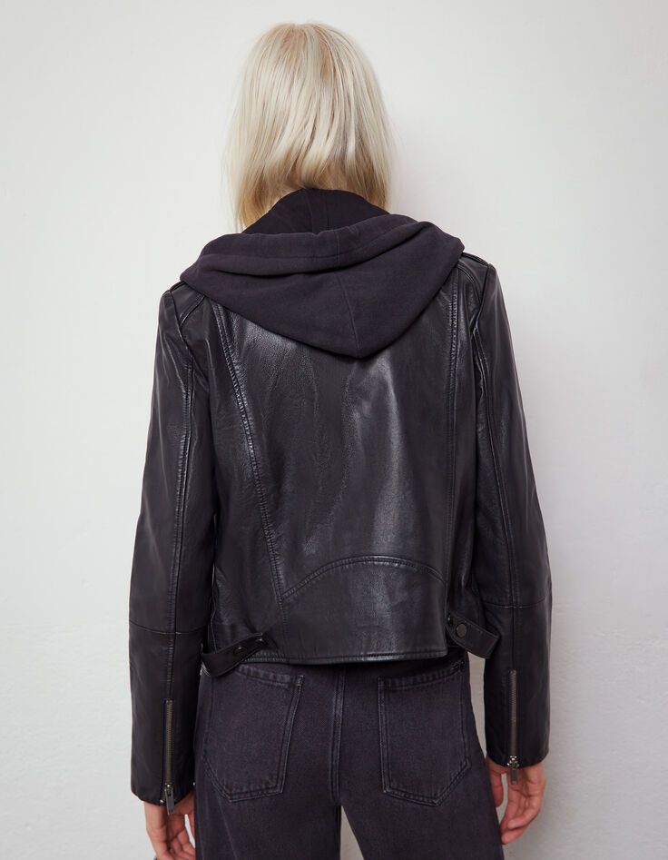 Blouson noir en cuir d'agneau et boutons femme-2