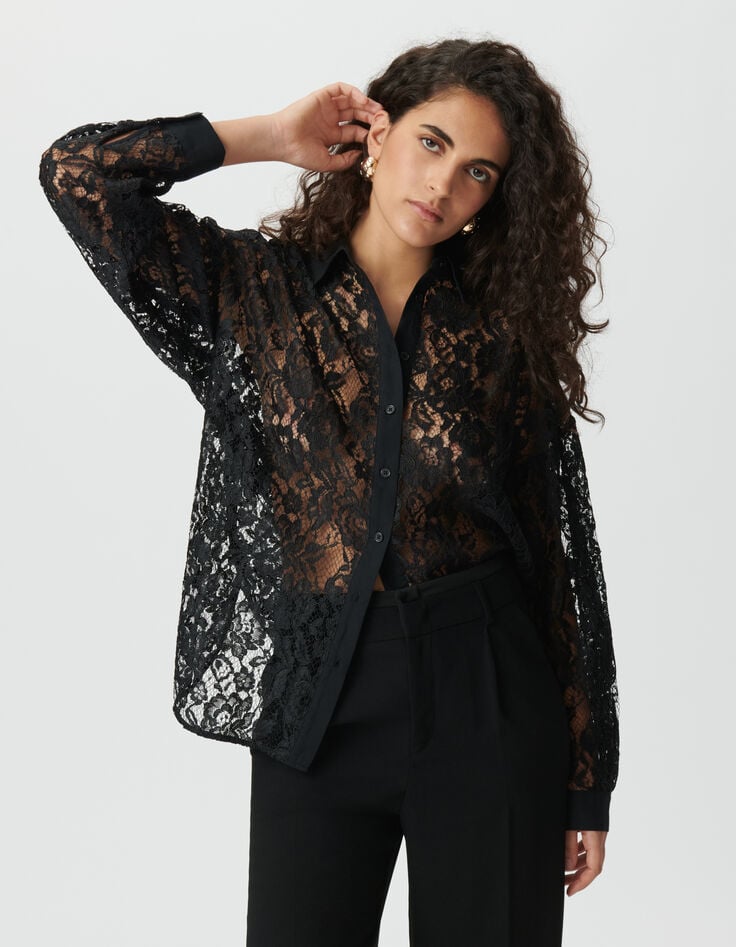 Chemise manches longues noire oversize tout dentelle Femme-3
