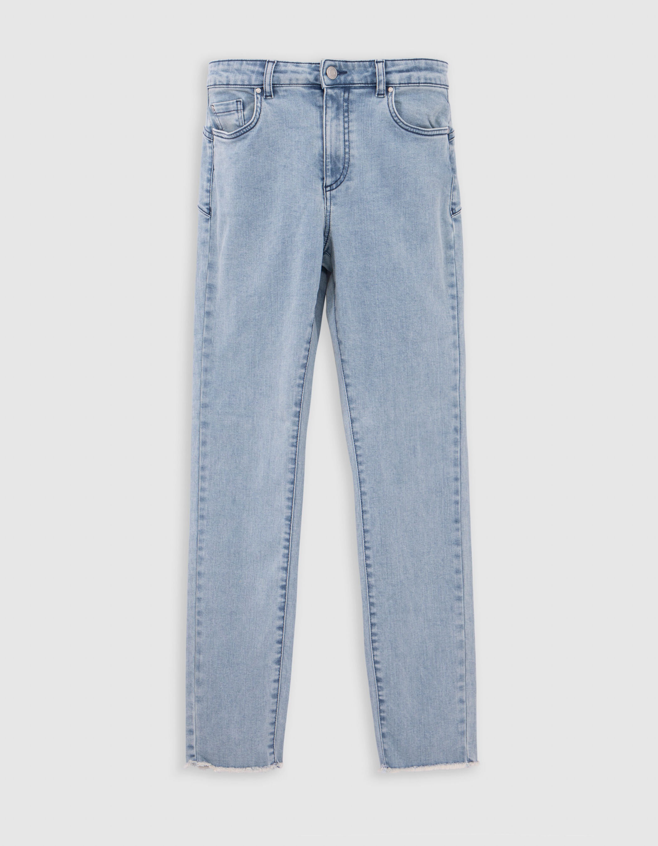 Hellblaue gerade geschnittene Waterless Jeans mit Knopfen und Fransen fur Frauen IKKS