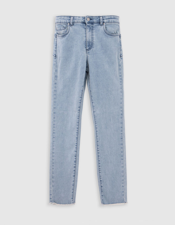 Jean droit bleu clair Waterless boutonné bas franges pour Femme-6 Jean droit bleu clair Waterless boutonné bas franges pour Femme-6