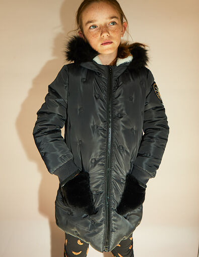Doudoune longue noire &agrave; poches fourr&eacute;es fille - IKKS