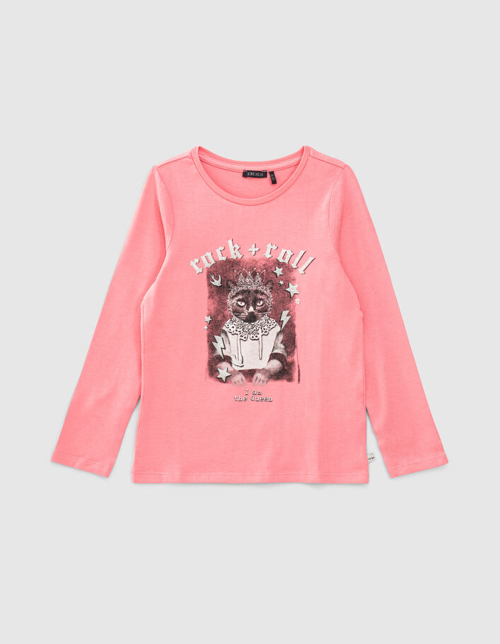 T-shirt rose vif visuel chat-princesse fille - IKKS