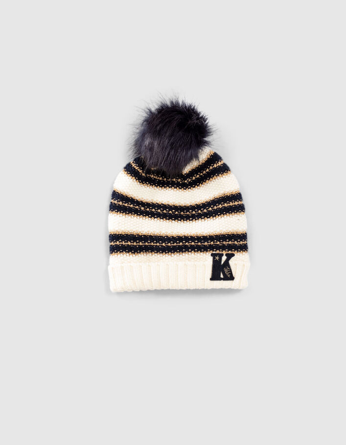 Girls’ ecru knit beanie with navy and gold stripes-2