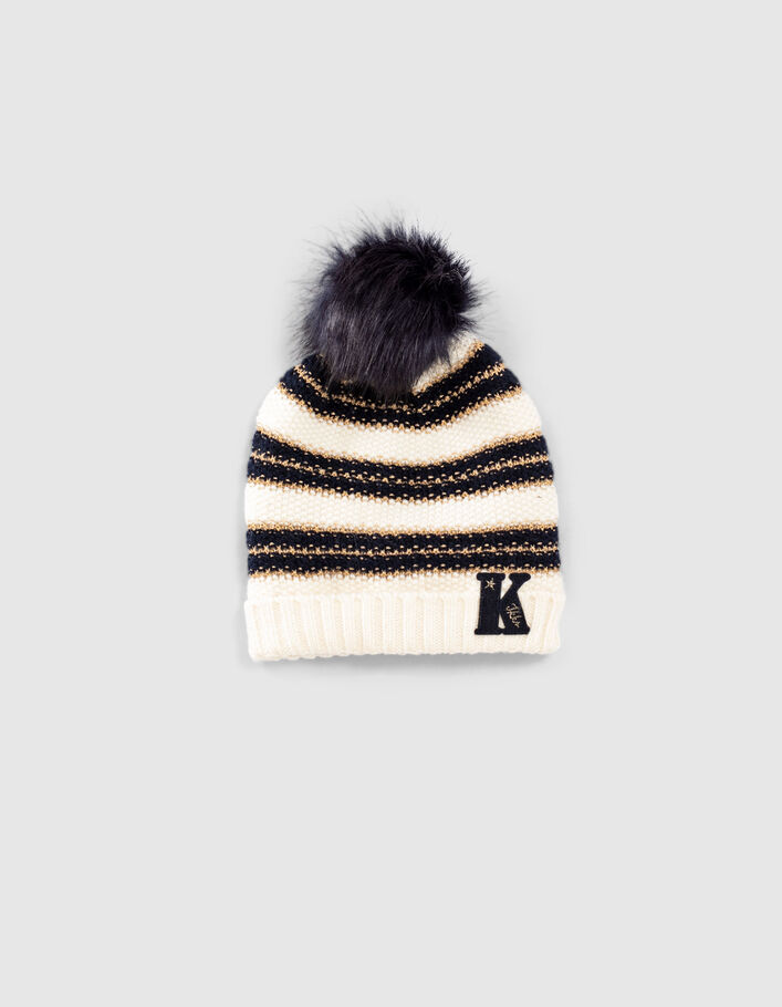 Girls’ ecru knit beanie with navy and gold stripes - IKKS