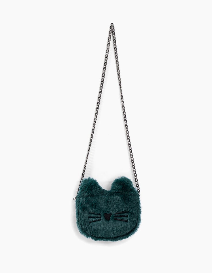 Entenblaue M&auml;dchenhandtasche aus Mischgewebe mit Katze-1