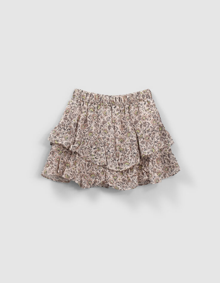 Jupe beige asymétrique imprimé fleurs à volants en viscose ecovero® fille-1