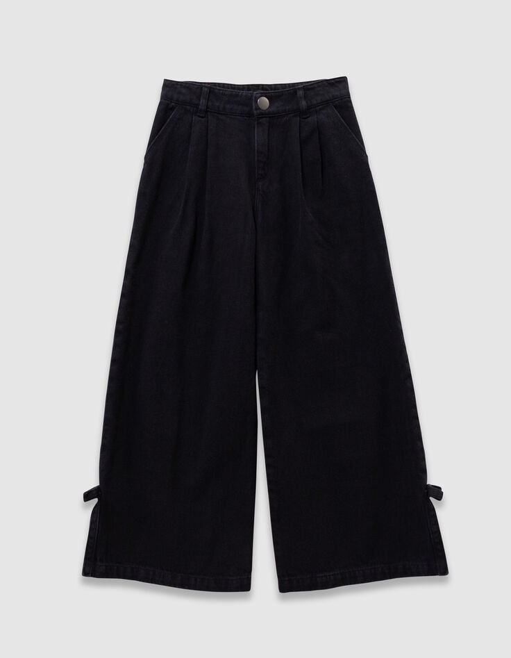 Schwarze weite Mädchenjeans mit Falten und Schleifen-2 Schwarze weite Mädchenjeans mit Falten und Schleifen-2
