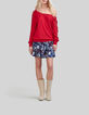 Women’s red knit cardigan with guipure lace sleeves-8