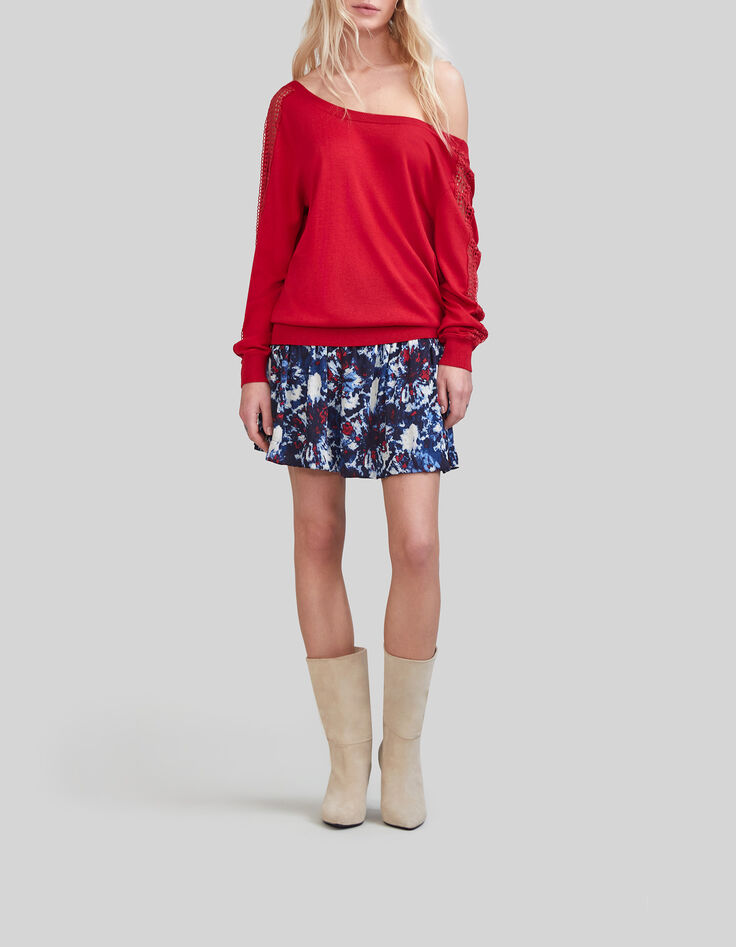 Women’s red knit cardigan with guipure lace sleeves-8