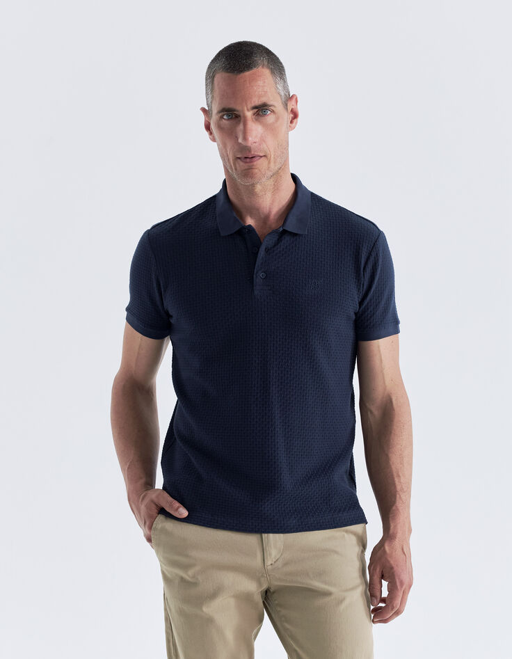 Marineblaues Herrenpoloshirt mit Zopfrelief-1