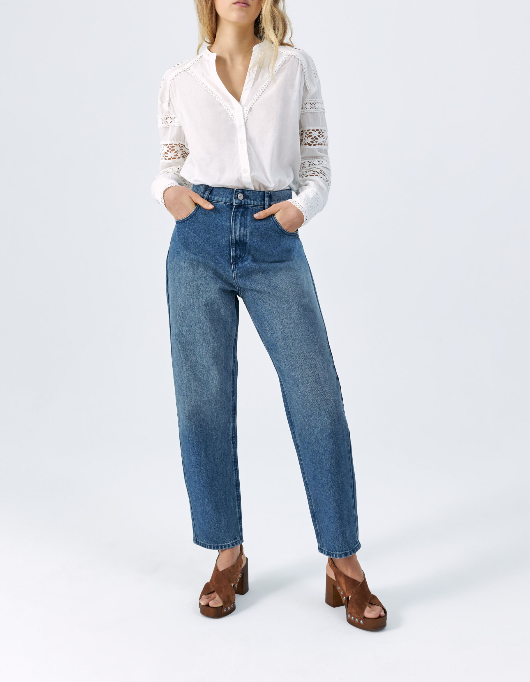 Jean mom bleu cropped a taille haute Femme
