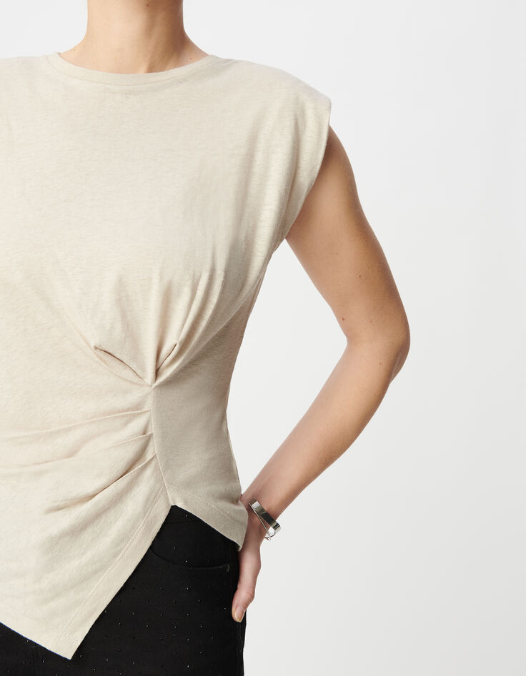 Tee-shirt sans manches beige effet drap&eacute; Femme-3