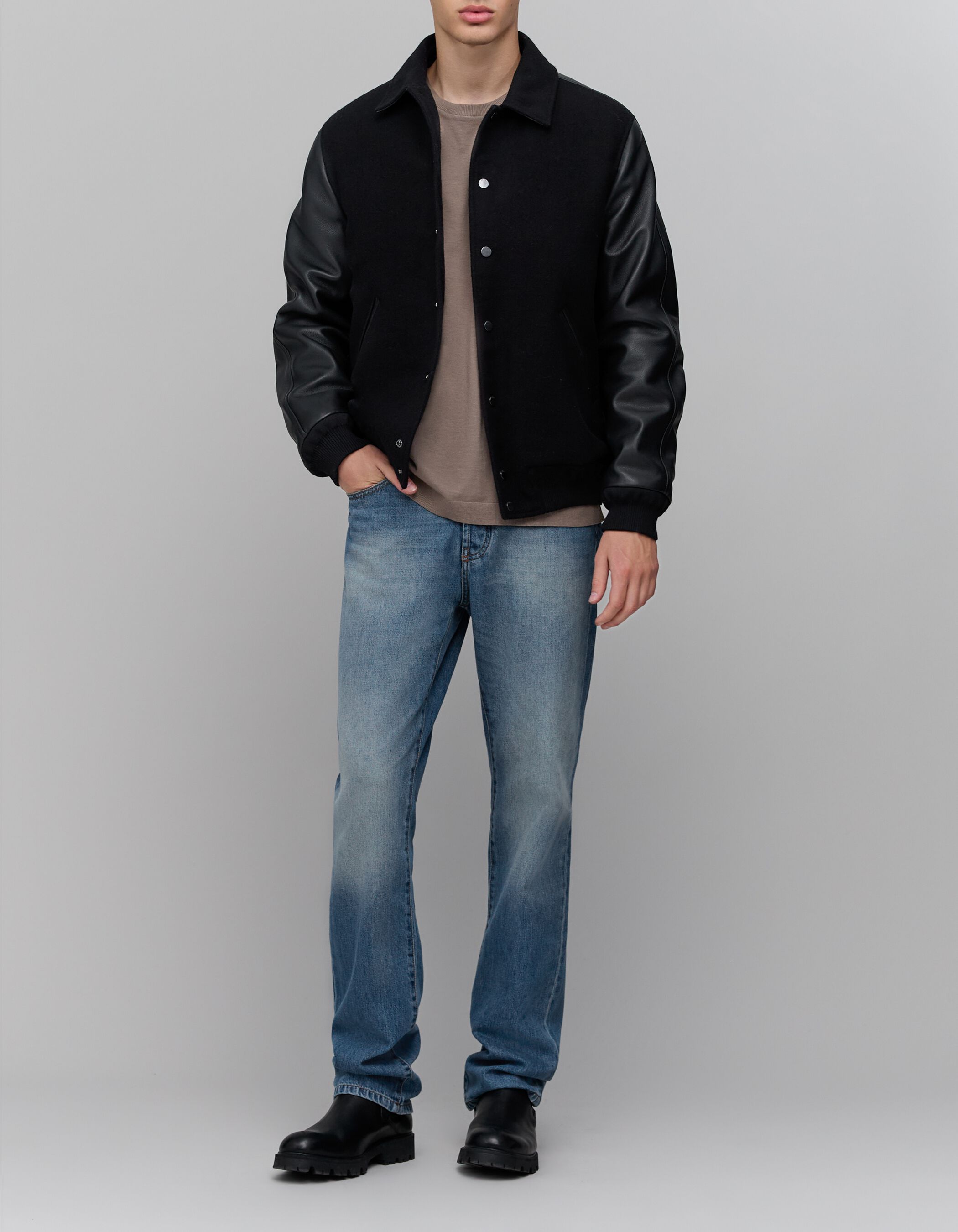 Men's black mixed chrome-free leather varsity jacket