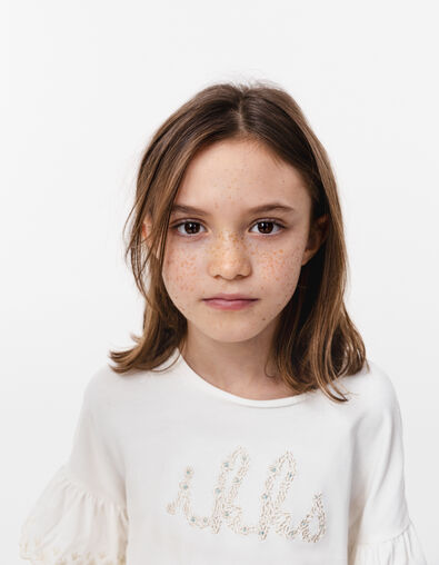 T-shirt écru coton bio brodé IKKS écru fille - IKKS