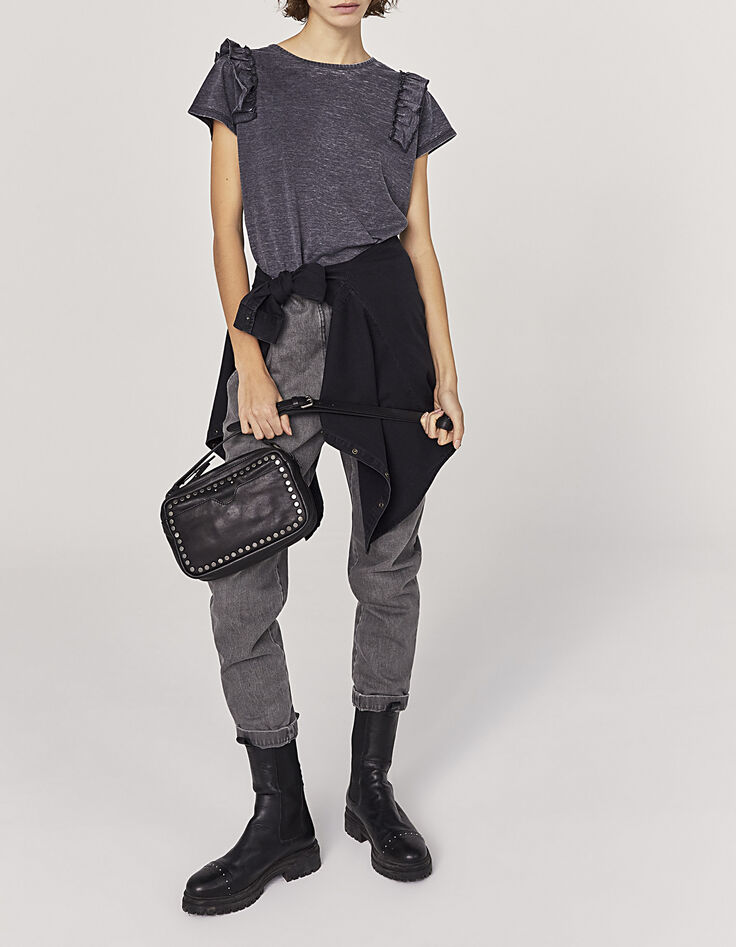 Graue Crop-Damenjeans mit hohem Bund-1